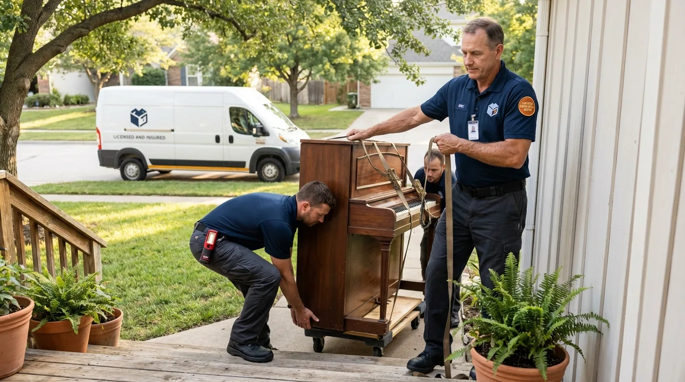 Licensed piano movers securing grand piano in Concordia, MO