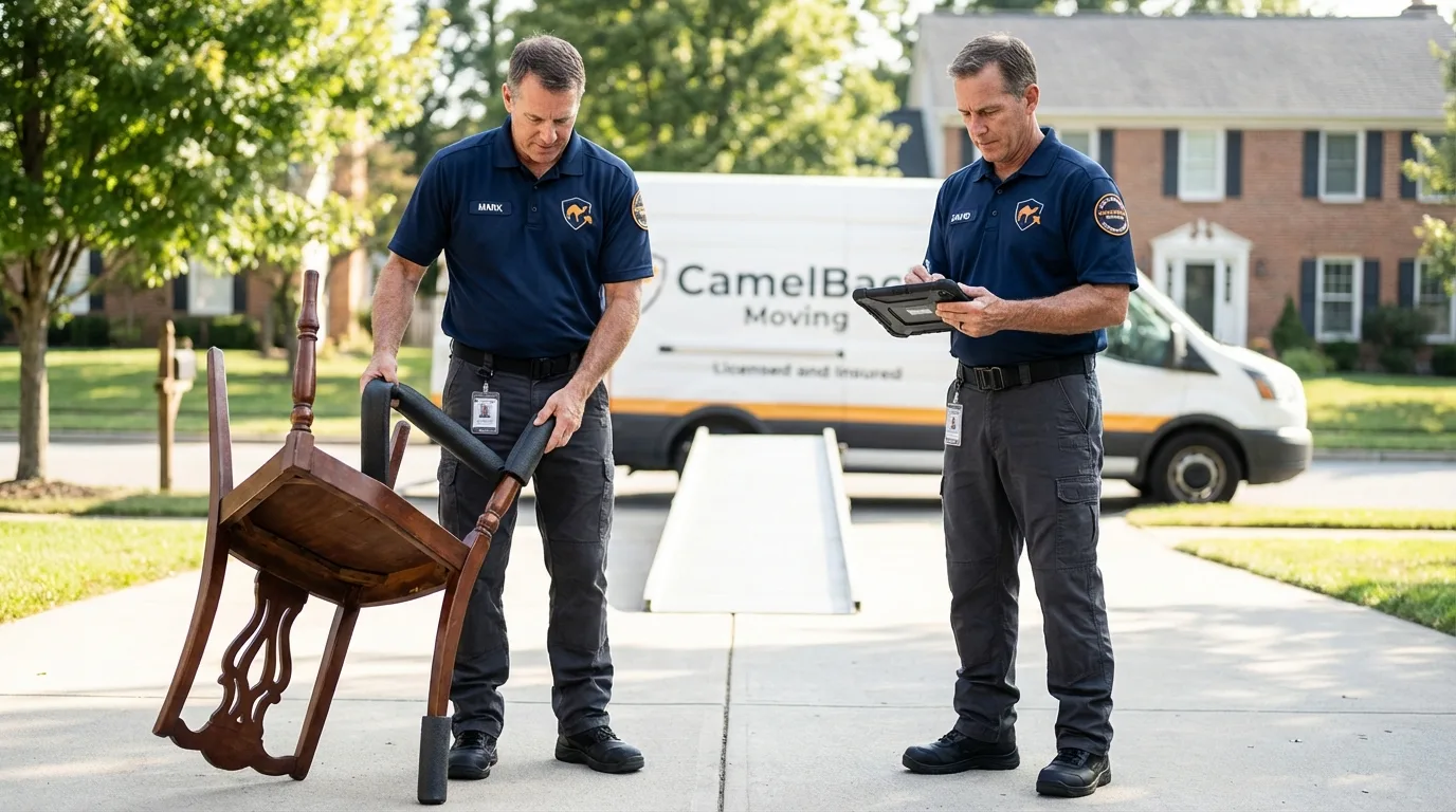 Movers inspecting furniture for damage prevention before loading in Concordia, MO
