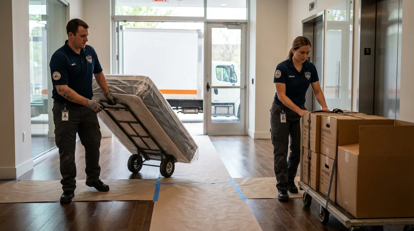 Professional apartment movers loading elevator in Concordia, MO
