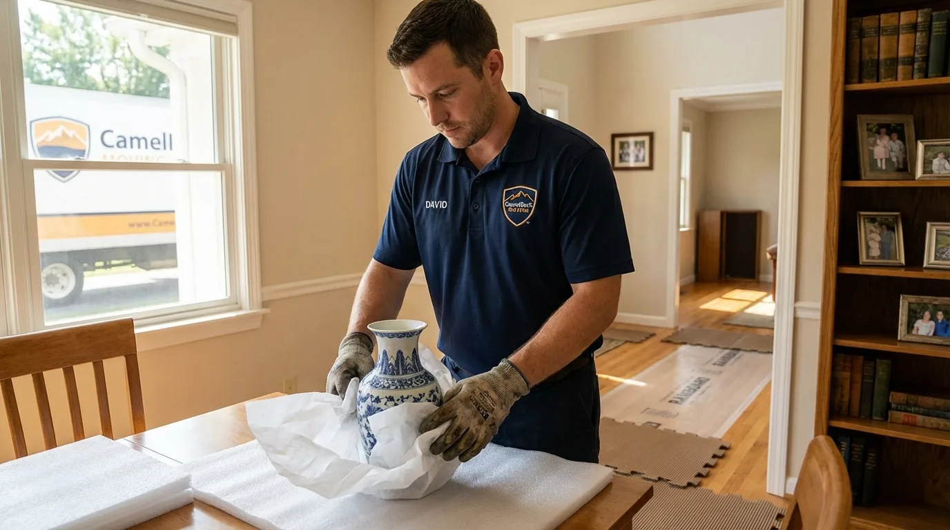 Professional crew carefully wrapping antique vase for senior downsizing move in Concordia, MO